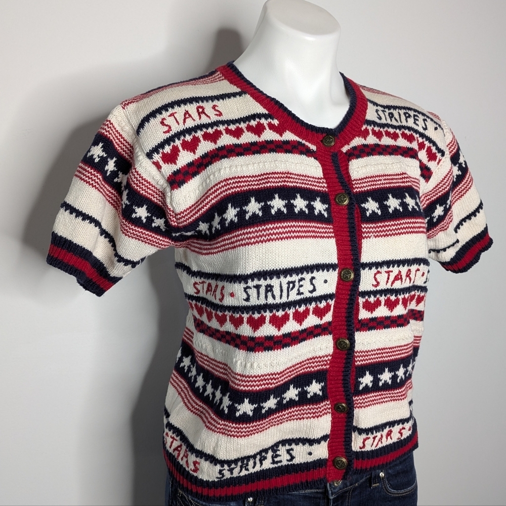 Vintage Street Level Red White Blue Patriotic Stars & Stripes Cardigan Sweater S - Picture 3 of 7